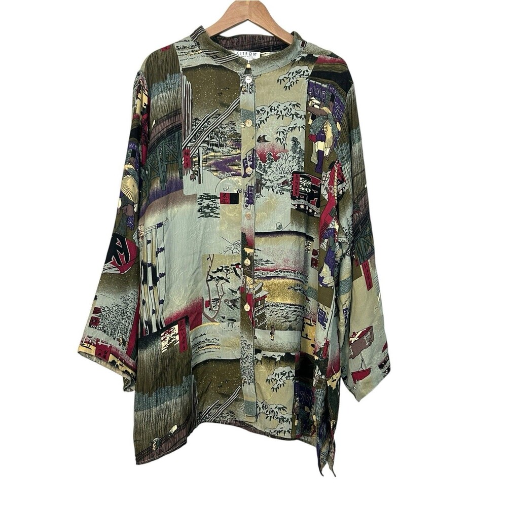 Citron Santa Monica Size 3 Asian Japanese Scenic Print Tunic Blouse Art To Wear